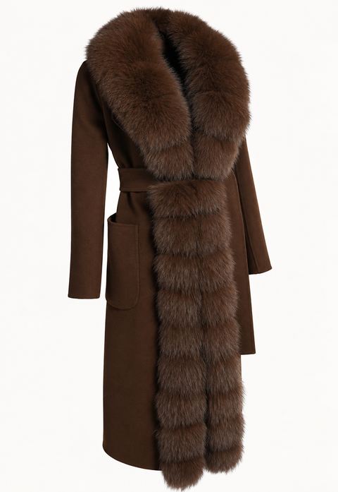 Καφέ κασμιρένιο παλτό με γούνα