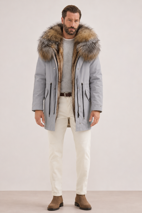 Parka verde da uomo foderato in pelliccia