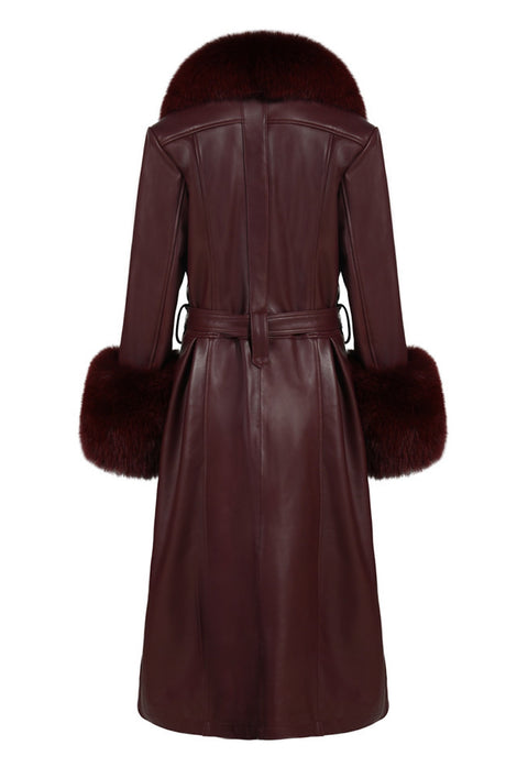 Long burgundy leather trench coat with fox fur collar and cuffs, high-quality Italian design, genuine lambskin, back view.