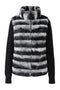 Black cashmere jacket with chinchilla-shaded Rex Rabbit fur trim displayed against a light background, highlighting its sleek silhouette and rich texture.