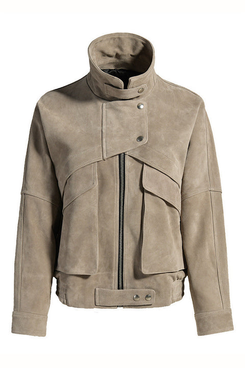 Suede Jacket with Funnel Neck