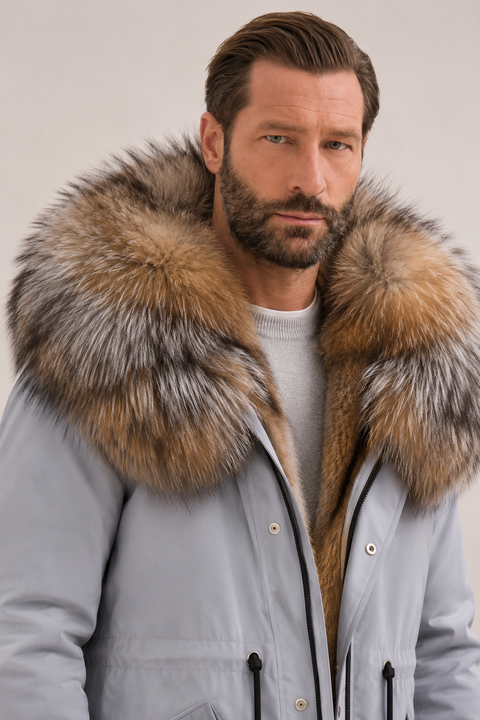 Men Grey Lined Fur Parka