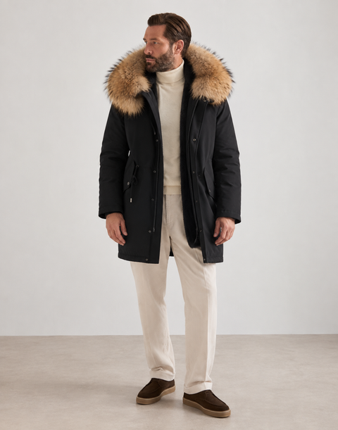 Parka negra de piel forrada para hombre