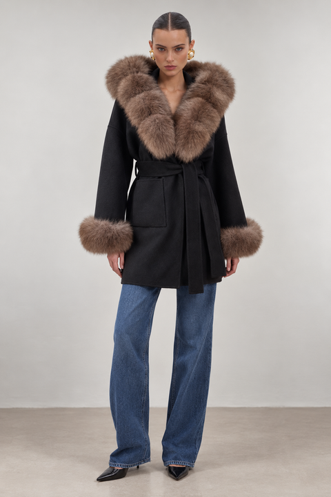 Black Wool coat with fox fur