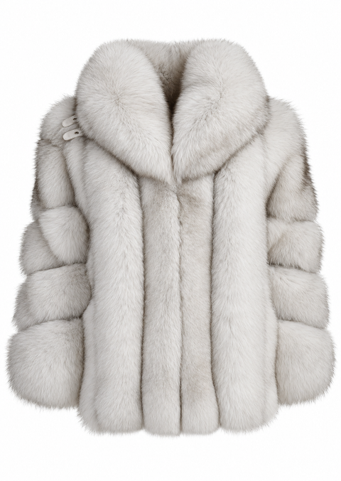 A light gray fur vest with a large matching collar, featuring horizontal stitched paneling on the sleeves and front, shown against a plain white background.