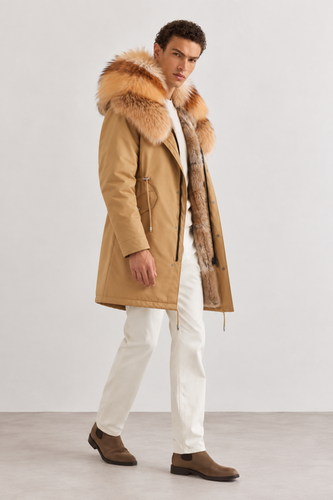 Men Camel Lined Fur Parka