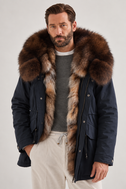 Parka da uomo nero foderato in pelliccia