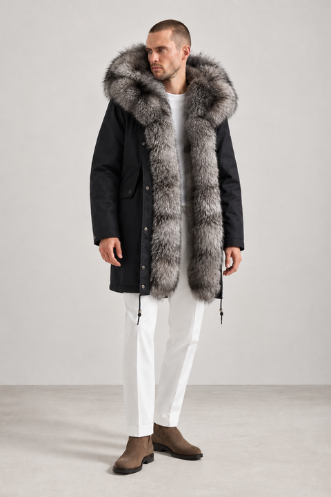 Men Lined Silver Fox Fur Parka