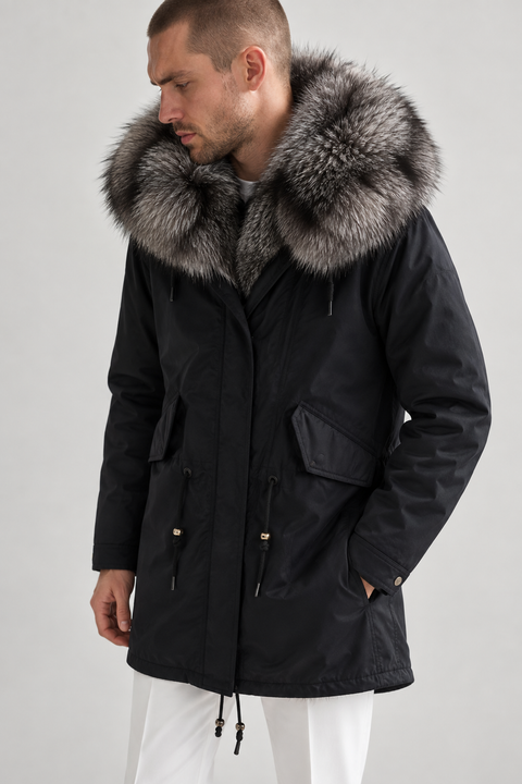 Men Lined Silver Fox Fur Parka