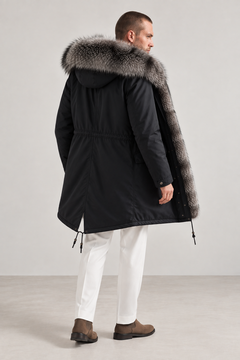 Men Lined Silver Fox Fur Parka