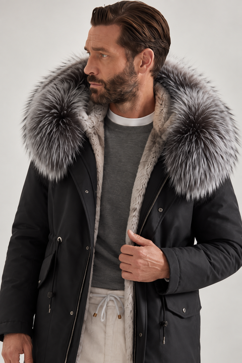 Men Black Lined Fur Parka