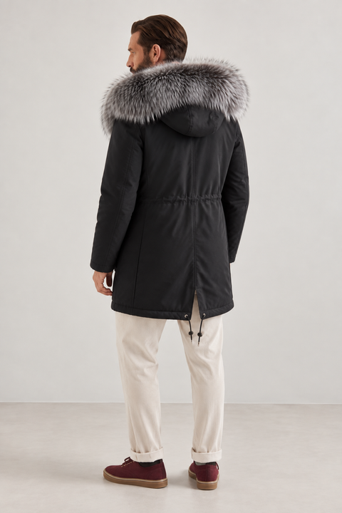 Men Black Lined Fur Parka