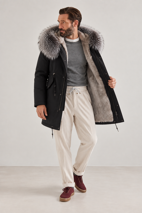 Men Black Lined Fur Parka
