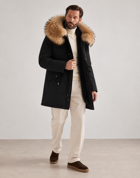 Parka negra de piel forrada para hombre