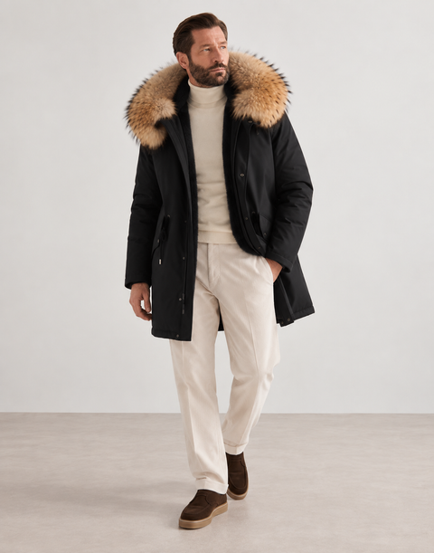 Parka negra de piel forrada para hombre