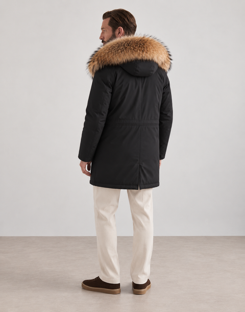Parka negra de piel forrada para hombre