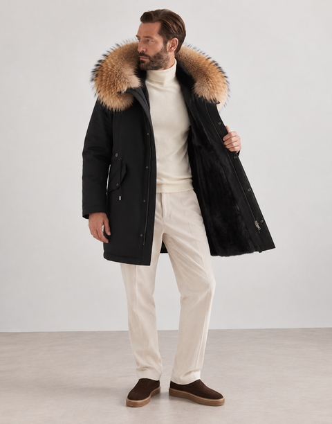 Parka negra de piel forrada para hombre