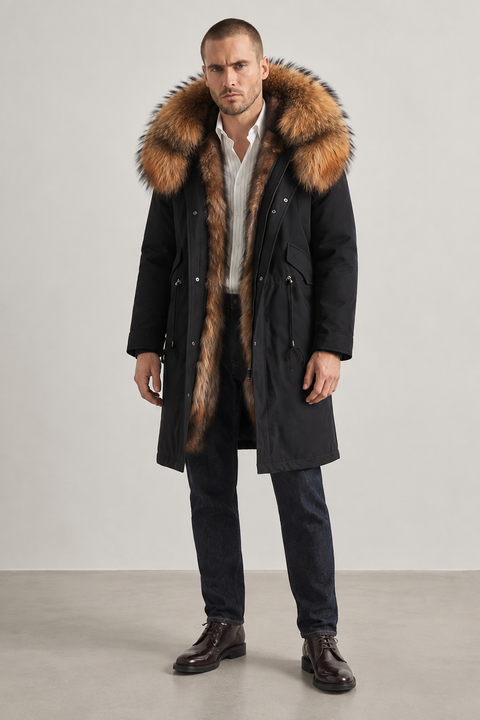 Men Long Black Fox Fur Parka