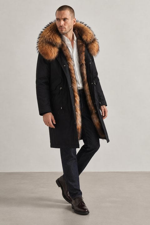 Men Long Black Fox Fur Parka