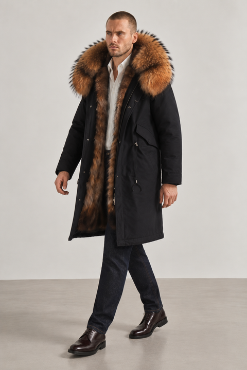 Men Long Black Fox Fur Parka