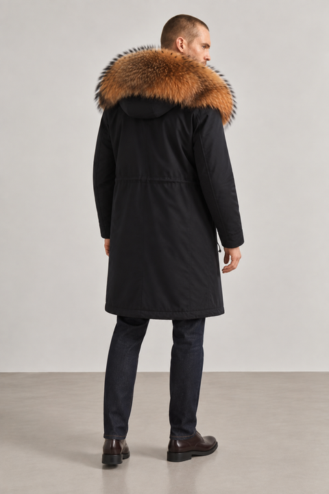 Men Long Black Fox Fur Parka