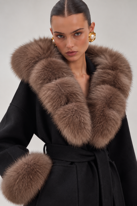 Black Wool coat with fox fur