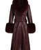 Long Burgundy Leather Trench Coat with Fox Fur, high quality Italian-designed lambskin trench coat with fox fur collar and cuffs.
