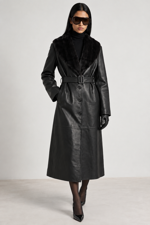 Leather Trench Faux Fur Collar
