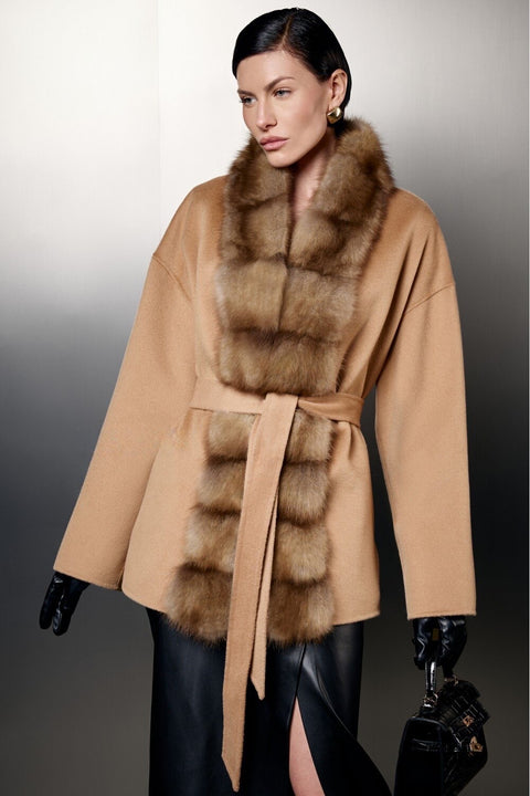 Short Camel Wool Coat with Mink Fur on a model showcasing elegance and luxurious comfort.