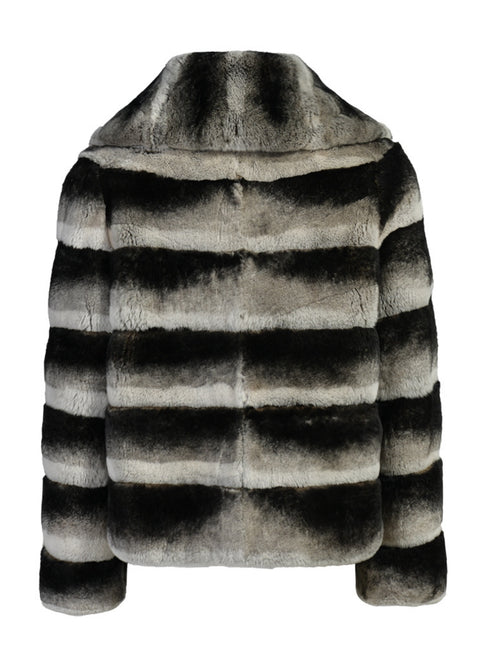 Rex Rabbit Coat featuring a stylish striped design in grey and black, perfect for any elegant occasion.