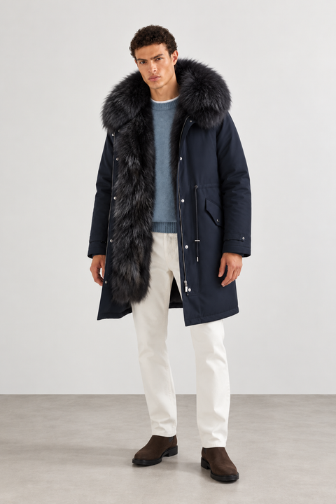 Men Midi Navy Fox Fur Parka