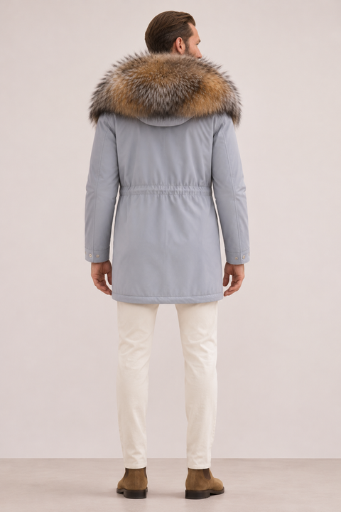 Men Grey Lined Fur Parka