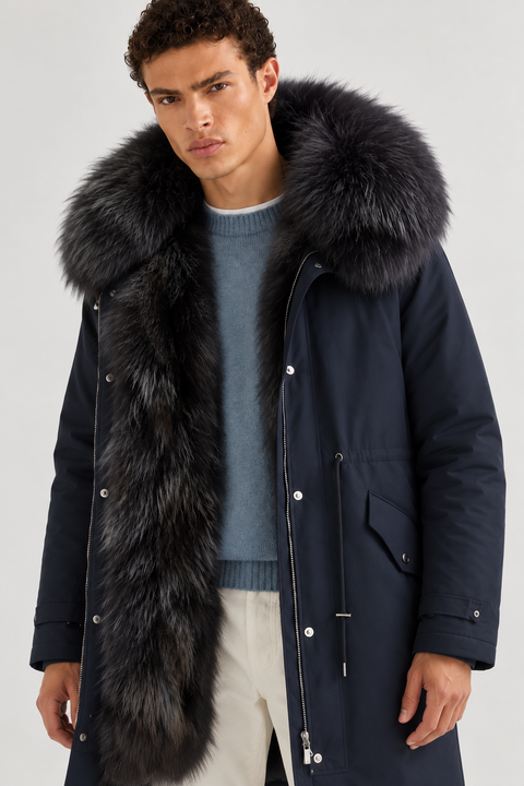 Men Midi Navy Fox Fur Parka