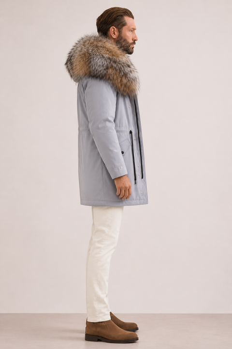 Men Grey Lined Fur Parka