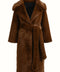 A luxurious brown faux mink fur coat featuring a stylish belt that cinches at the waist. The coat's rich texture and elegant design create a sophisticated look, perfect for colder weather.