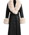 A black leather trench coat adorned with luxurious beige fox fur accents. The coat's sleek design and fur detailing create a stylish and sophisticated look for winter.