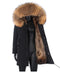 Men black parka with large fox fur hood. Fur lining designed by MULVANNI. 